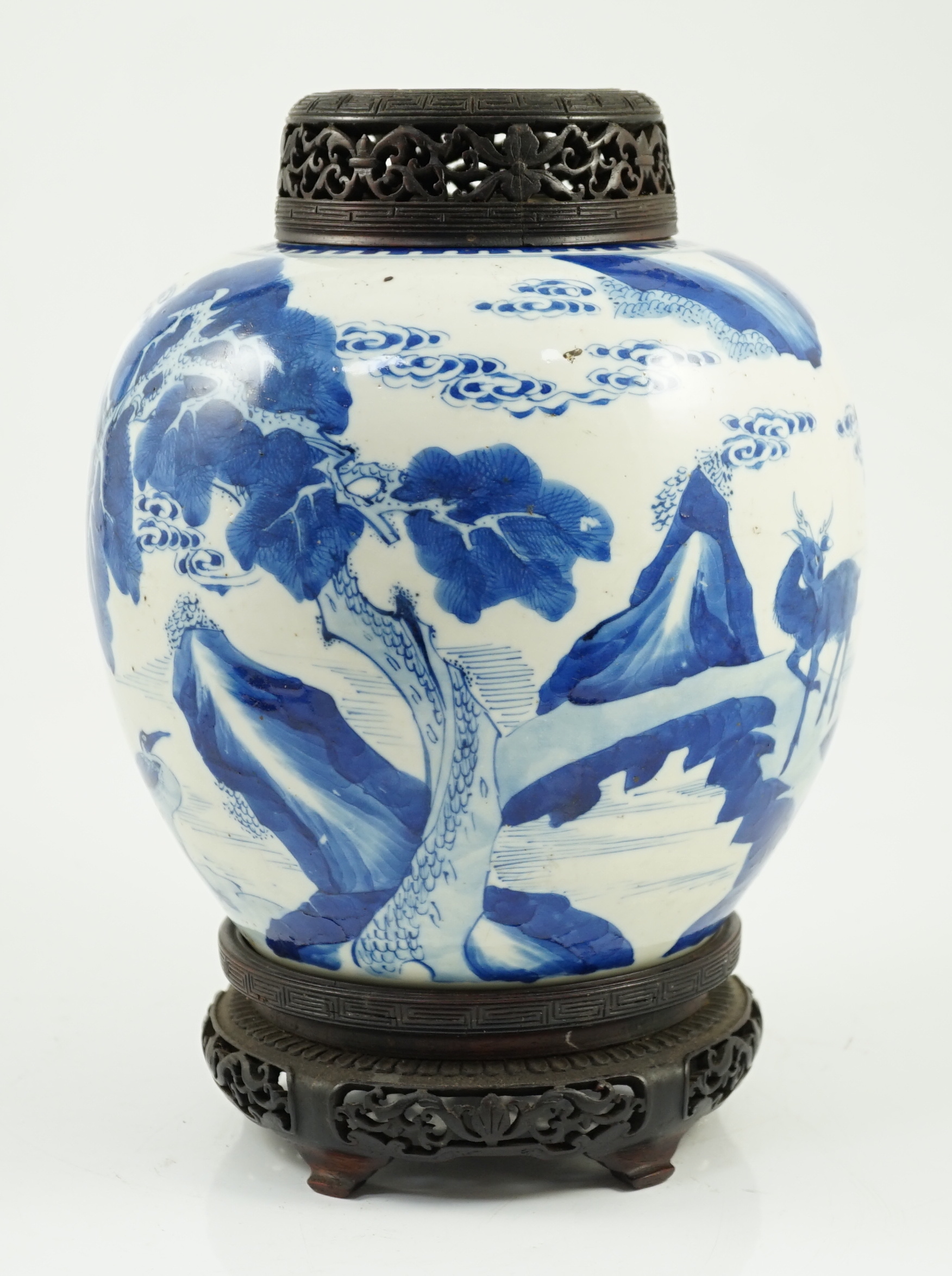 A Chinese blue and white ‘deer and crane’ ovoid jar, Kangxi period